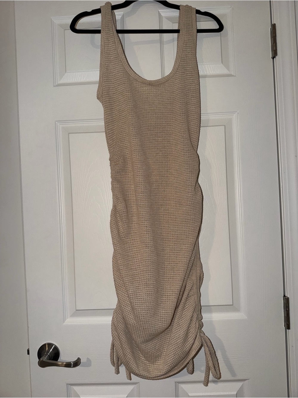 Sleeveless Beige Knit Midi Dress with Side Tie Detail